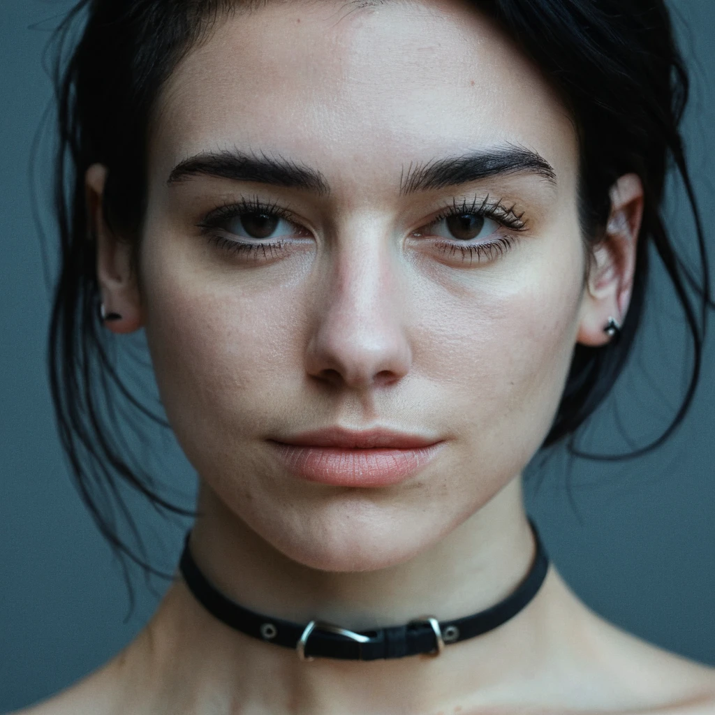 (skin texture, pores, Imperfections), Super high res portrait photo of a woman wearing a thin black ring choker wearing no makeup,f /2.8, Canon, 85mm,cinematographic, high quality, skin texture, looking to the camera, skin imperfections,    