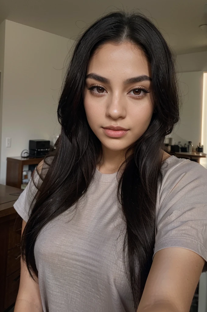 a magnificent young woman in her twenties, with Latino features. She has long, straight black hair that falls loosely over her shoulders. Her face has soft and balanced contours. She has large, well-defined dark brown eyes with long, thick eyelashes and well-arched black eyebrows. His nose is straight and slightly refined, proportionate to his face. Her lips are full and defined, with a natural color, and they are closed, contributing to her neutral expression. Her skin is matte, smooth and without visible imperfections. She is dressed properly. She takes a selfie with an iPhone. She is holding her credit card in her right hand.