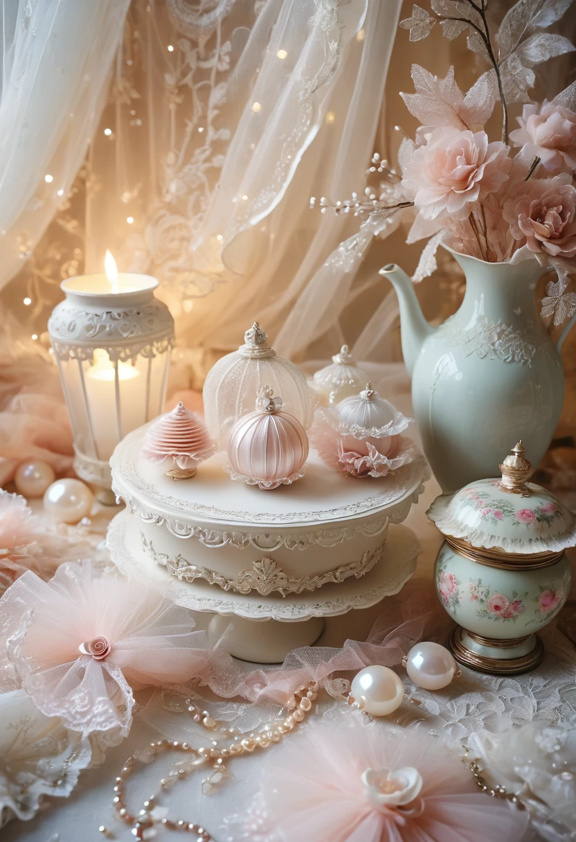 ((background only)),Overhead shot,(((masterpiece))), (((Highest quality))), ((Super detailed)), ((非常にdelicateで美しい)), (最高masterpiece:1.4),delicate,8k,((Design Paper)),((Frills:1.5))((Beautiful layered tulle wallpaper))((Generate cloth only:1.4)),(Zooming in on the tulle fabric that fills the entire screen:1.4)Collage fabric,ghostwhite,Lots of tulle,Fairy tale,ribbon,Pearl ornament,Glitter ornaments,doily,(Shabby chic),Cute atmosphere,Soft atmosphere
