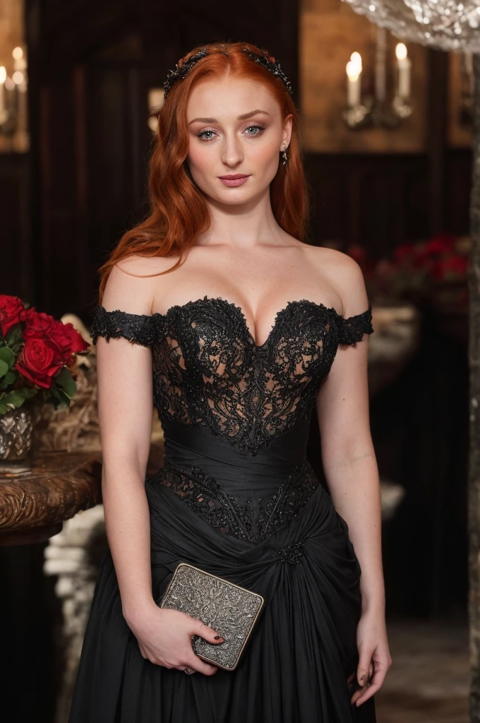 high quality photograph of Sophie Turner, Sansa Stark played by Sophie Turner, the de facto Lady of the Eyrie, is a 40-year-old mature queen with a stunning, alluring appearance. Full Face, Full figured woman, pierced eyes, reddish lips, upper body shot, erotic Mediaeval costumes, game of thrones costumes, She wears a Game of Thrones-inspired costume and has a deep cleavage, a perfect thick body, and a perfect thick figure. The photograph captures her in a close-up, with her skin texture and facial features being ultra-realistic and realistic. Juicy thick figure, high quality skin, Skin pores, amazing details, snow, snow flakes, semi realistic, extremely detailed eyes, dark moody orange and black settings, cool environment