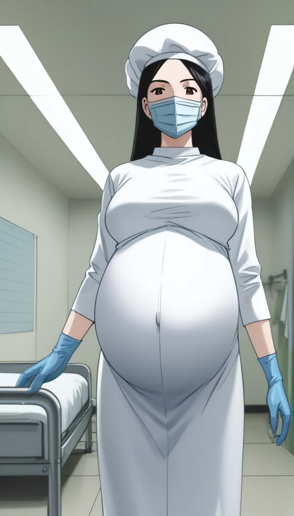 Pregnant anime with 1 doctor+1 nurse in a standing hospital room