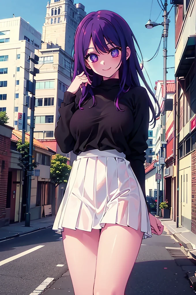 realistic image, coherent image, , 1 beautiful girl. she has purple hair, long hair. Her eyes are berry pink, with a six-pointed star in each eye, long eyelashes. her face is oval and delicate, smiling, pleated miniskirt, sneakers, She has a curvy body, medium breast, middle thighs, City background, Surrounded by buildings, daylight, Volumetric lighting,Nsfw, ASİAN, medium ,in a long pile , naked, Nsfw , lying showing vagina, sexy 