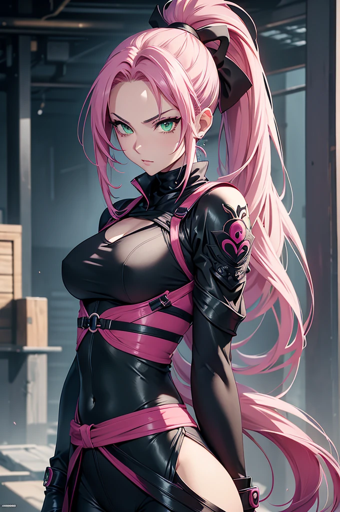 1 kunoichi, fair skin, Green eyes, long pink hair, ponytail, eyes, ((detailed eyes:1.2)), medium breasts, wearing black ninja suit, sexy, sensual, open back, sleeveless, masterpiece, top quality, best quality, official art, beautiful and aesthetic:1.2), extreme detailed, colorful, highest detailed