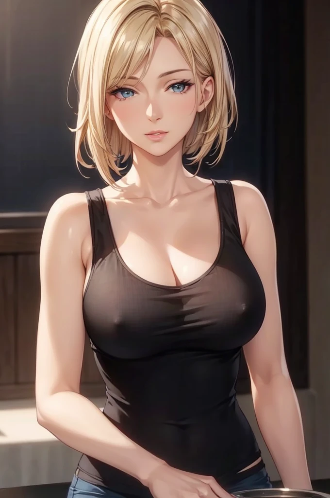 (best quality, highres, photorealistic), portrait, elegant mature woman, blue eyes, short hair, swept-side bang, blonde hair, see through tank top, big breast, ultra detailed cg 8k, beautiful cg, soft light