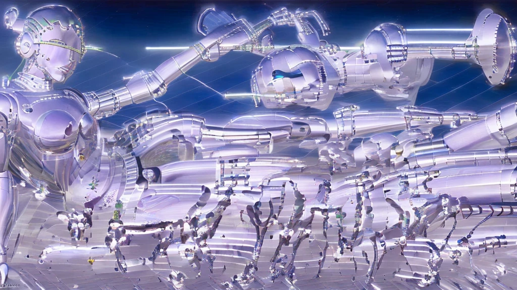 (masterpiece), Highest quality, (((One girl))), Shiny metallic texture, ((Robot art,Retro futurism,Vaporwave)),((Description of Hajime Sorayama)),(blue eyes,Her hair color is pink.,Twin tails)