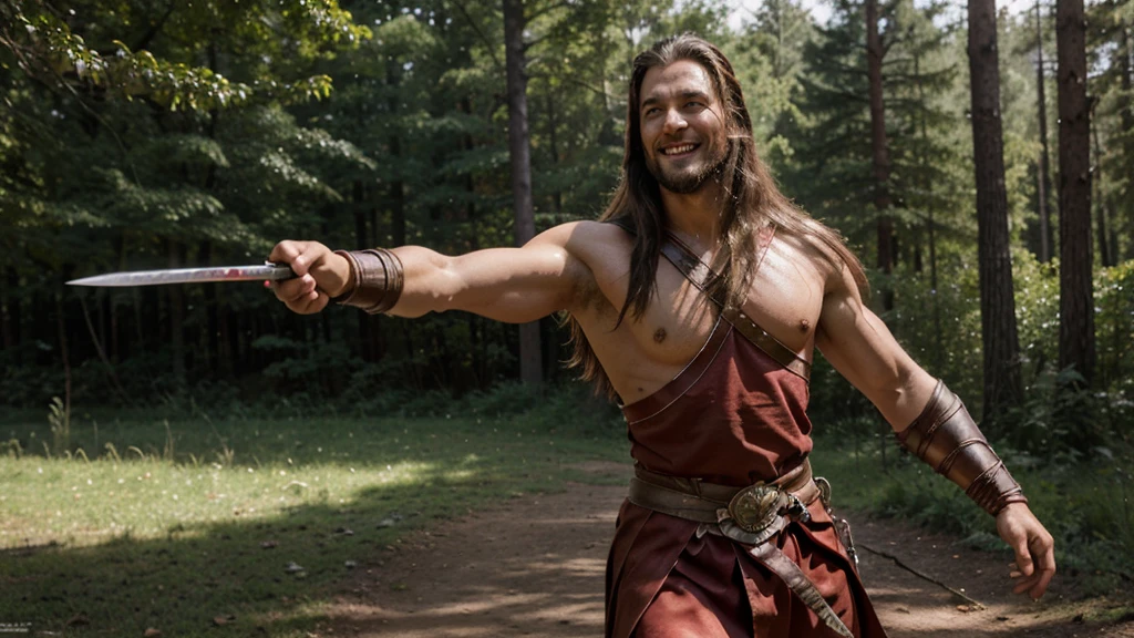 A human warrior man, 6'4 , approximately 209lb, slender body, with brown eyes, long and tied hair, no beard, a big scar on his face, wearing a beautiful silver armor, with a symbol on the armor of a lion, a red cloth tied to his right arm, holding a sword like his two hands, shining sword with blood running down, smiling. He striking a pose, with a forest in the background.