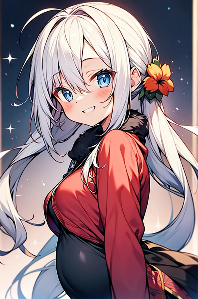 anime style,hairstyle forehead,teen girl,white hair,twintail hair,blue eyes,pregnant,happy smile,lovable, caressable flower,