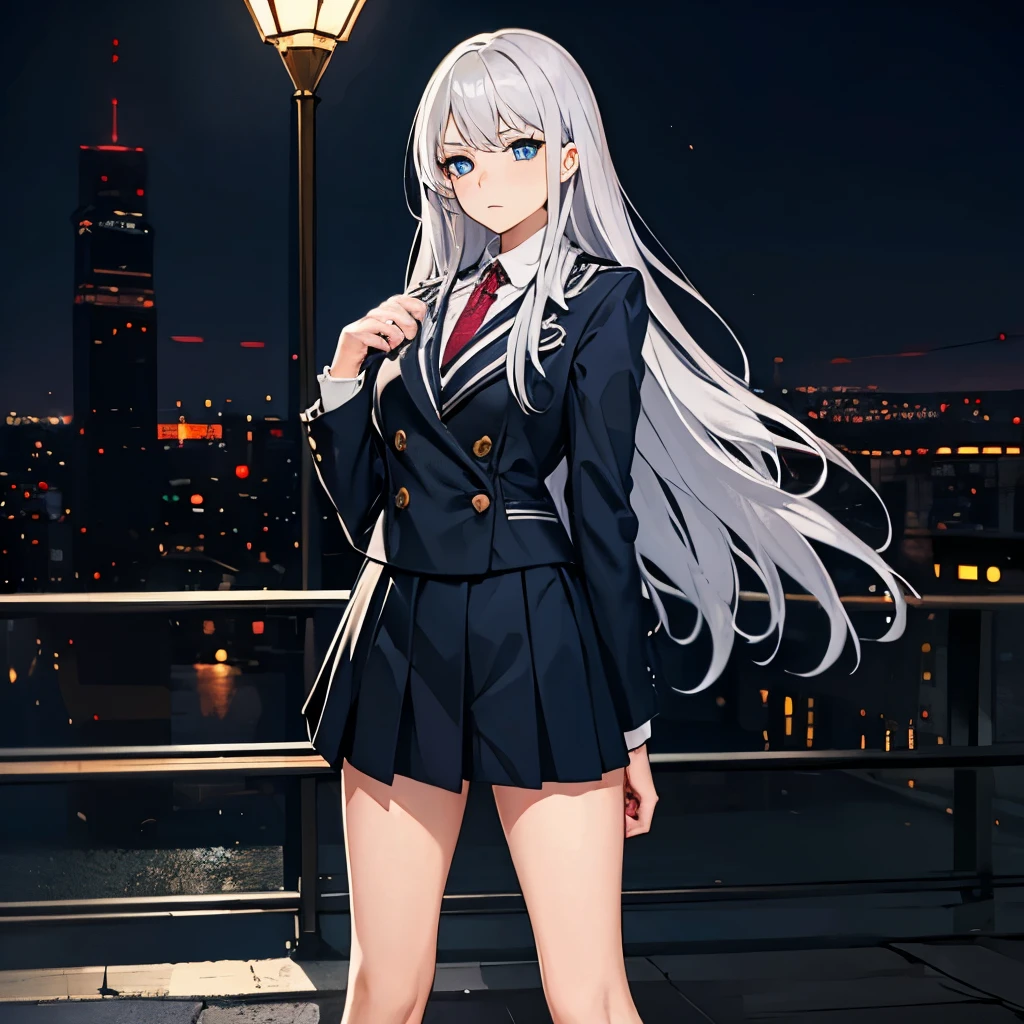 big tits,  1girl, outdoor, night city,  silver hair, blue eyes, emotionless, detailed face, view at camera, , nectie, school unifom, fullbody