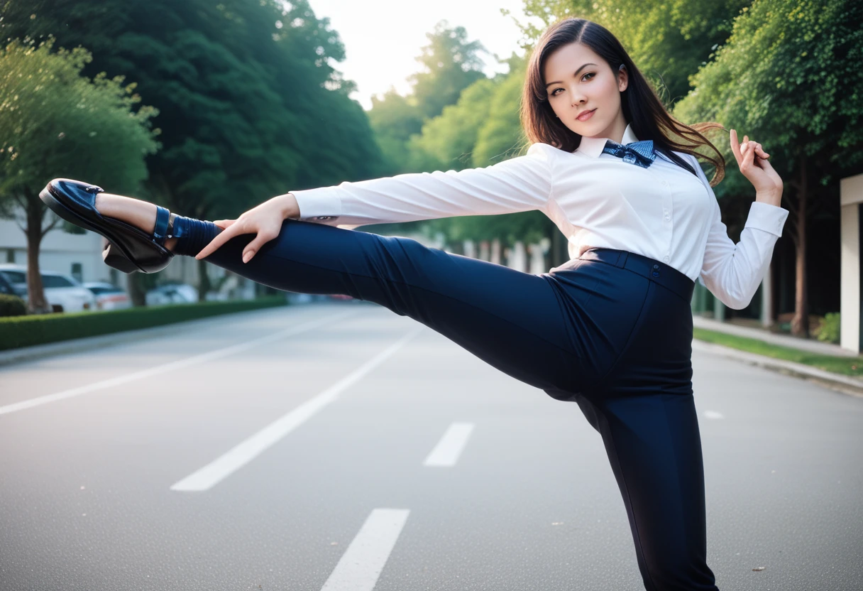8k, raw photo, best quality, masterpiece, realistic, photo realistic, clear, professional lighting, beautiful face, best quality,ultra high res, realistic japanese beautiful, Super detailed, 1girl, clothed, outdoor, high kick
