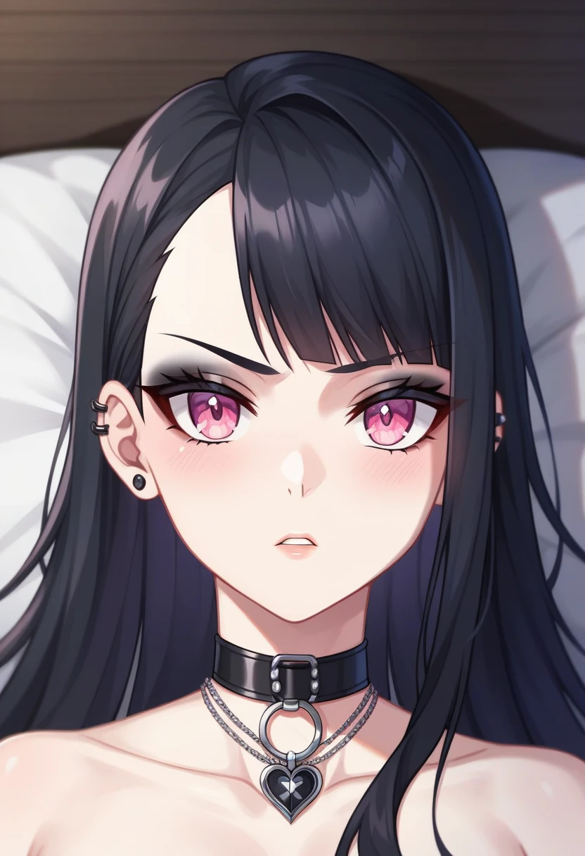 Adult, Female, long Black hair, goth girl, pink eyes gothic aesthetic, goth clothing, goth make up, thick thighs, medium chest, annoyed, disgruntled, bedroom, gothic bedroom, aesthetic bedroom, Masterpiece, Accurate, Anatomically Correct, Best Quality, High Details, Detail, Super Detailed, Best detail, Perfect detail, Amazing detail, [-3, 3], Close-Up, perfect body, best body, amazing body, Looking at viewer, front facing, head shot