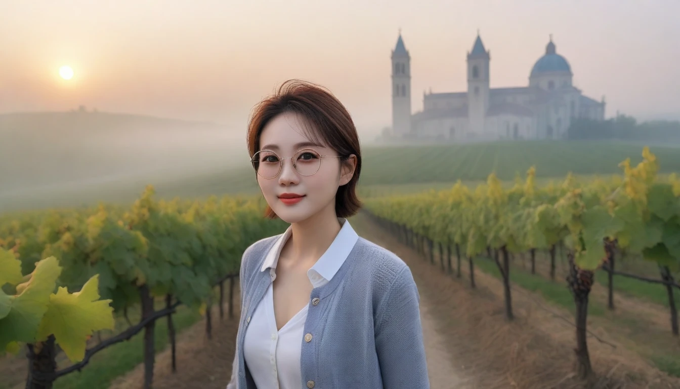 8k realistic, lifelike photo,, 36 year old Korean woman, Short in stature, pretty like a model. White shirt and short cardigan, casual pants, short medium hair, Smiley, Italy. vineyard, thick dawn fog. vineyard 멀리 짙은 안개 속으로 I can see the cathedral. 1 woman, Short in stature, Excellent picture quality, The morning fog is thick, The picture quality is alive. Looking up the side, thick sunglasses, sunrise red light, Wide angle lens full body shot, I can see the cathedral