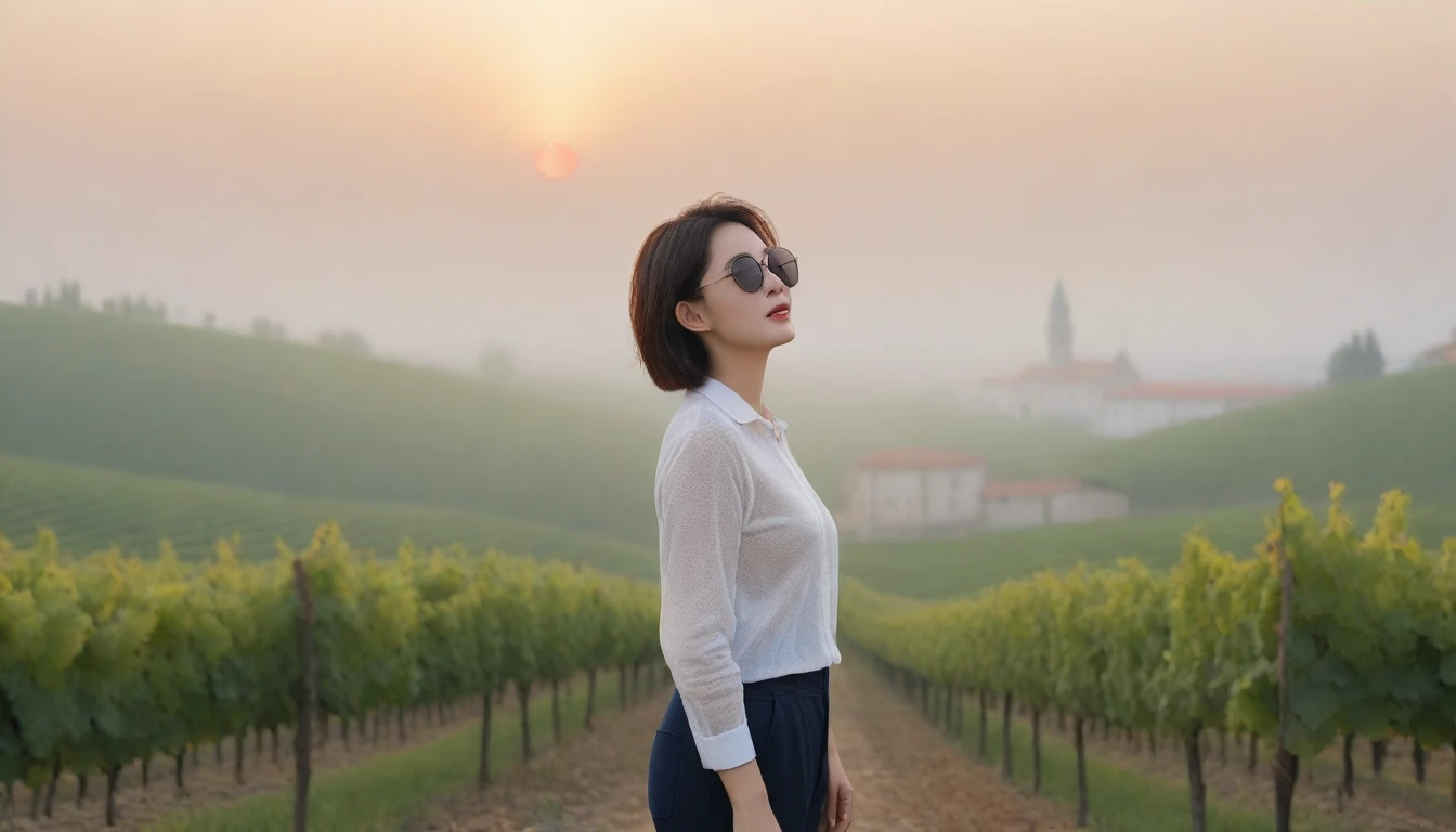 8k realistic, lifelike photo,, 36 year old Korean woman, Short in stature, pretty like a model. White shirt and short cardigan, casual pants, short medium hair, Smiley, Italy. vineyard, thick dawn fog. vineyard 멀리 짙은 안개 속으로 I can see the cathedral. 1 woman, Short in stature, Excellent picture quality, The morning fog is thick, The picture quality is alive. Looking up the side, thick sunglasses, sunrise red light, Wide angle lens full body shot, I can see the cathedral