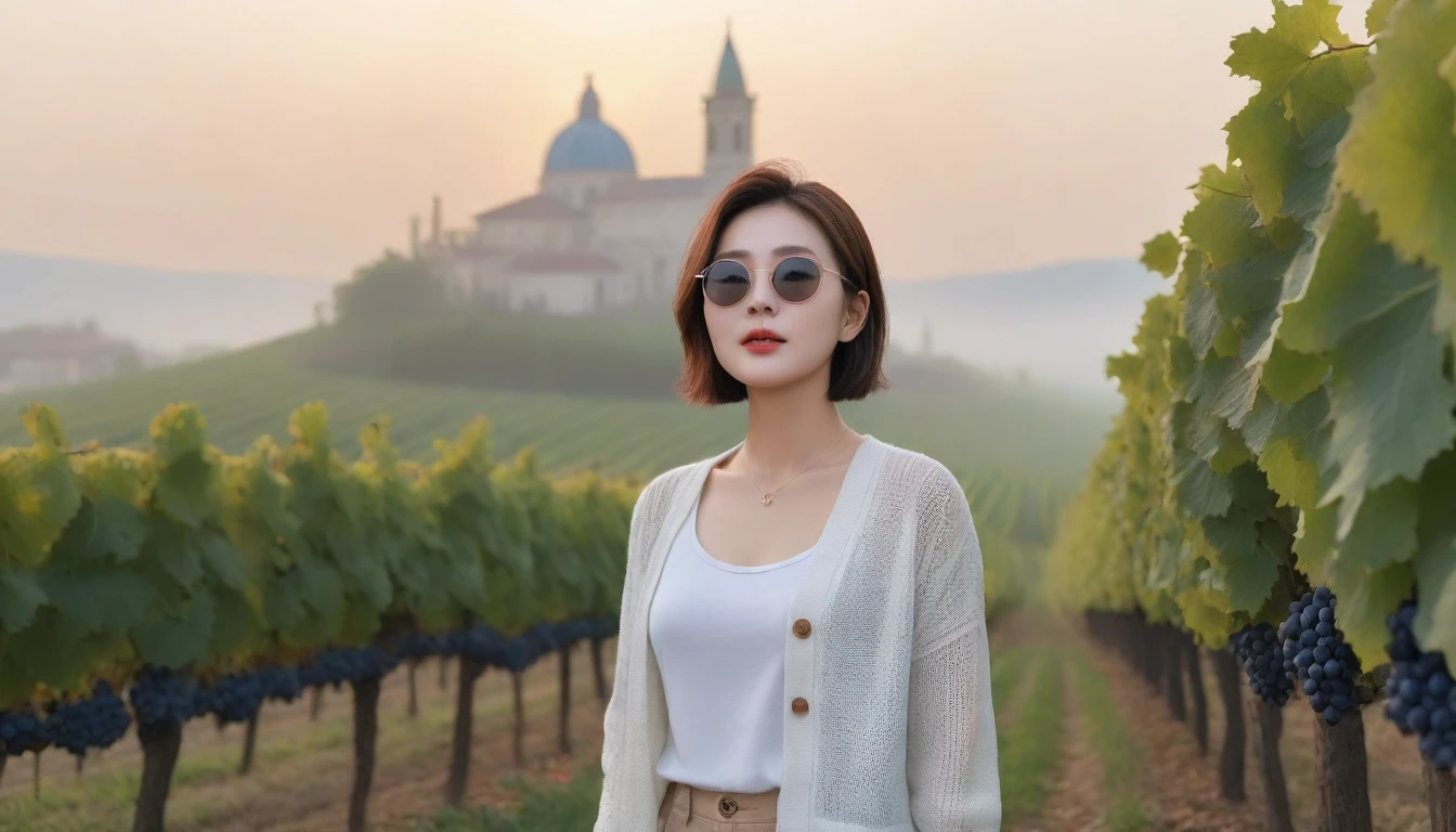 8k realistic, lifelike photo,, 36 year old Korean woman, Short in stature, pretty like a model. White shirt and short cardigan, casual pants, short medium hair, Smiley, Italy. vineyard, thick dawn fog. vineyard 멀리 짙은 안개 속으로 I can see the cathedral. 1 woman, Short in stature, Excellent picture quality, The morning fog is thick, The picture quality is alive. Looking up the side, thick sunglasses, sunrise red light, Wide angle lens full body shot, I can see the cathedral