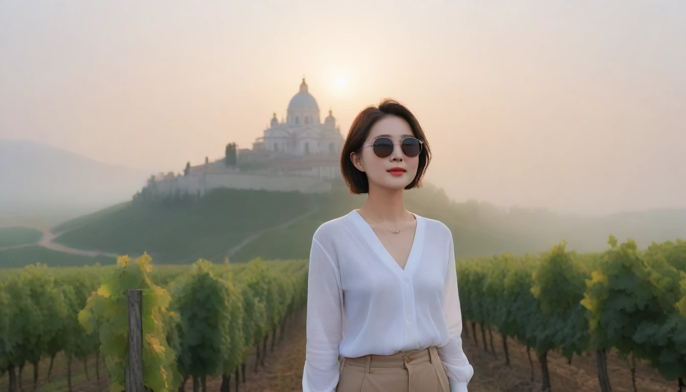 8k realistic, lifelike photo,, 36 year old Korean woman, Short in stature, pretty like a model. White shirt and short cardigan, casual pants, short medium hair, Smiley, Italy. vineyard, thick dawn fog. vineyard 멀리 짙은 안개 속으로 I can see the cathedral. 1 woman, Short in stature, Excellent picture quality, The morning fog is thick, The picture quality is alive. Looking up the side, thick sunglasses, sunrise red light, Wide angle lens full body shot, I can see the cathedral