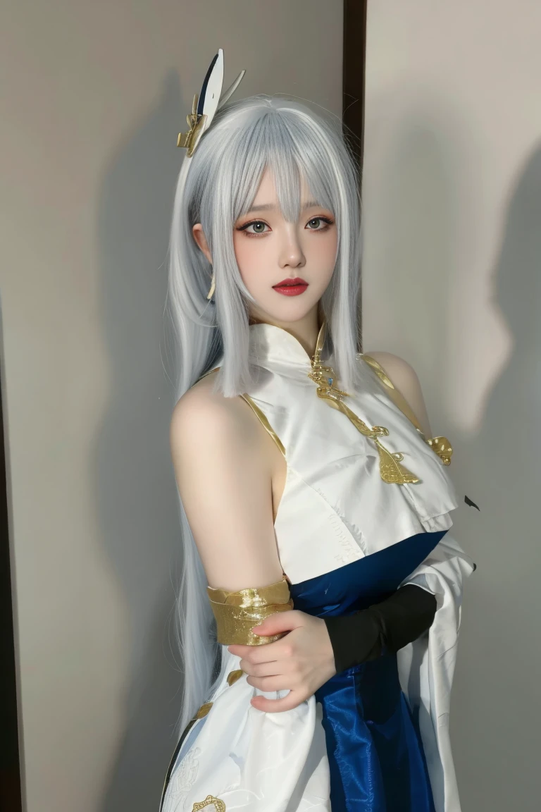 best quality, tmasterpiece,Ultra-high resolution,Clear face,(Reality:1.4),ferpect lighting,(upper body:1.3), (photorealistic:1.50), anime wallpaper, Guviz style artwork, cover-up fantasy up to magic , by Yang J, Guviz, beautiful artwork illustration, beautiful digital artwork, beautiful digital illustration, Li Song, beautiful anime portrait, art style in Beauvot, 1girl,独奏, white hair, hair ornament,One eye is covered by hair , jewelry, Earring,(huge breasts:1.5),(shagging breasts),(Breast cleavage),blush,
blue lace shoulder dress,dress,bare shoulders,high heels,off shoulder,short dress,(kneeing:1.3), bangs, Slim body, slim waist,