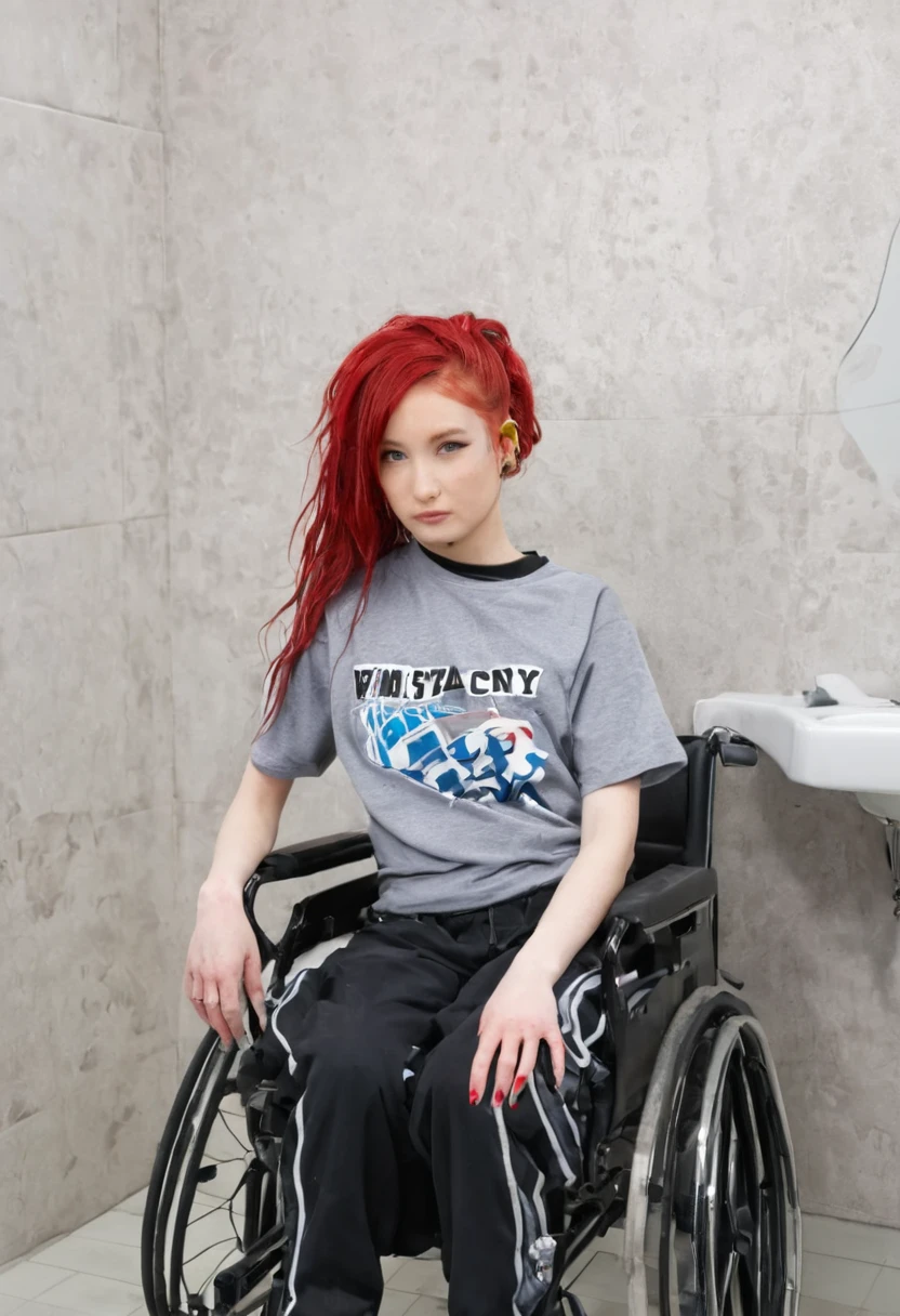 Uhd, photo of Cami, subject: Noriko, 1/2 Japanese 1/2 Hainu skinny girl in 2/00 a large wheelchair with long red hair, blue+++ eyes, oval face, LGBTQIA+, queer, punk style, wearing grey tracksuit treasures and black t-shirt, tattooes. She is washing her hair on the sink of the hairdressers' studio, shampoo foam, wetted hair. Background: hairdressers' studio.