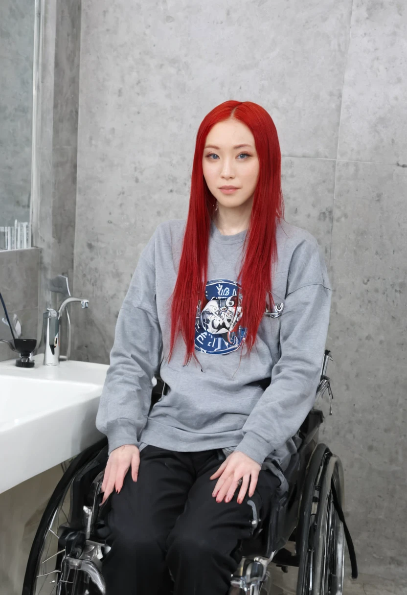 Uhd, photo of Cami, subject: Noriko, 1/2 Japanese 1/2 Hainu skinny girl in 2/00 a large wheelchair with long red hair, blue+++ eyes, oval face, LGBTQIA+, queer, punk style, wearing grey tracksuit treasures and black t-shirt, tattooes. She is washing her hair on the sink of the hairdressers' studio, shampoo foam, wetted hair. Background: hairdressers' studio.