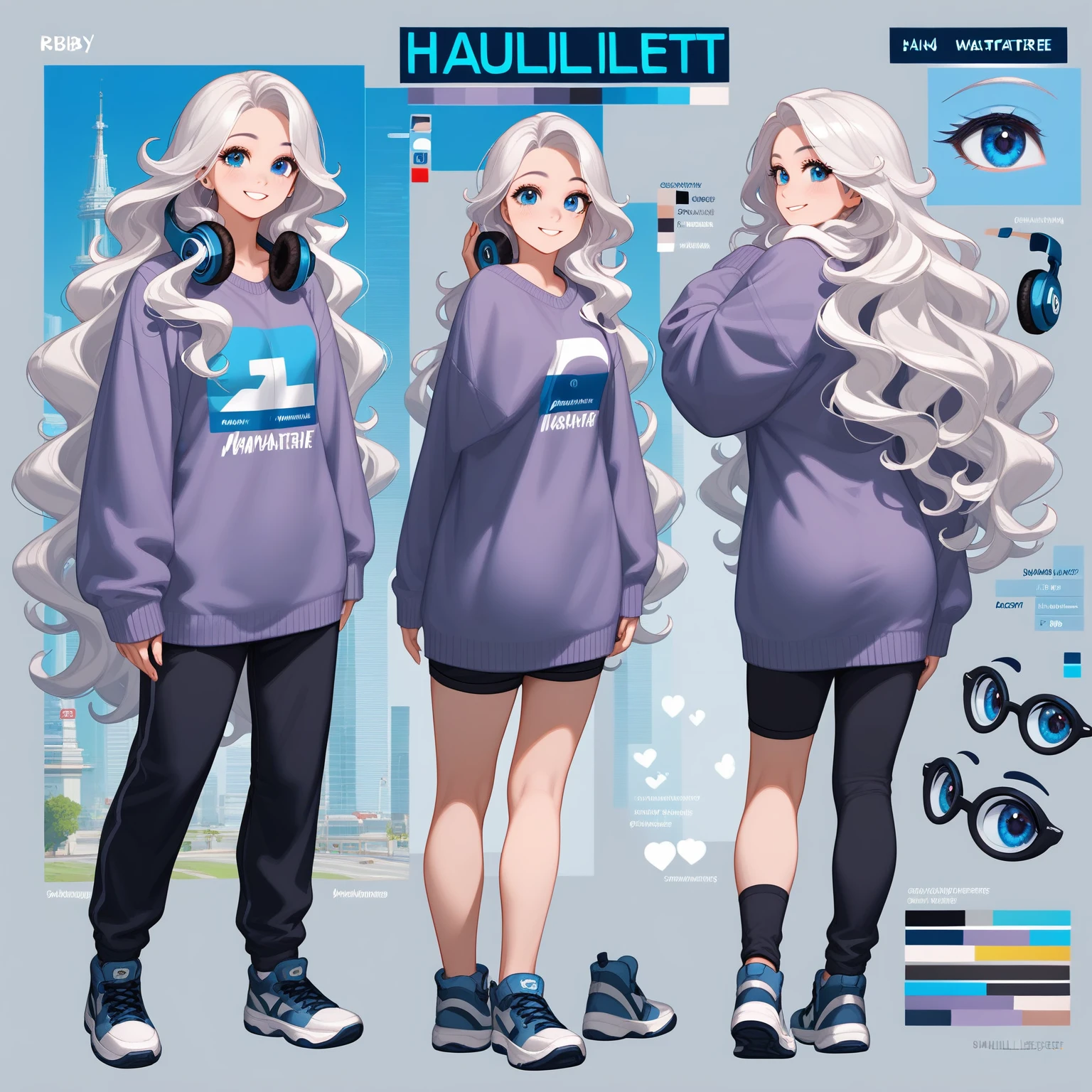 (masterpiece:1.2, 最high quality), 1woman, Cute Face, big eye, round cubby Cute Face, smile, Long legs, whole body, adult mature woman (Long wavy white hair, (Mullet 1.1)), (Very long hair), blue eye, (Blue Eyes,) Gamer, Light Blue Purple Sweater, headphone, Girl Style ((masterpiece)), (((最high quality))), (Character design sheet, same character whole body, front, ~ side, return), figure, hair color, bangs, Hair Fax, eye, Environmental changes, City Pose, woman, Game Design Character Sheets for 2D Games, whole body, Model sheet turnaround, Full Color, Showing two thirds, front::4 view and return view, High resolution, 8k, 4K, high quality