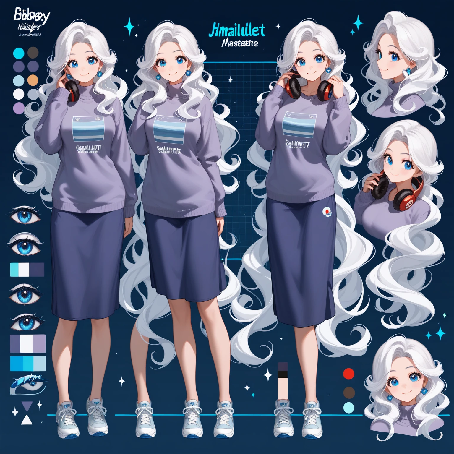 (masterpiece:1.2, 最high quality), 1woman, Cute Face, big eye, round cubby Cute Face, smile, Long legs, whole body, adult mature woman (Long wavy white hair, (Mullet 1.1)), (Very long hair), blue eye, (Blue Eyes,) Gamer, Light Blue Purple Sweater, headphone, Girl Style ((masterpiece)), (((最high quality))), (Character design sheet, same character whole body, front, ~ side, return), figure, hair color, bangs, Hair Fax, eye, Environmental changes, City Pose, woman, Game Design Character Sheets for 2D Games, whole body, Model sheet turnaround, Full Color, Showing two thirds, front::4 view and return view, High resolution, 8k, 4K, high quality