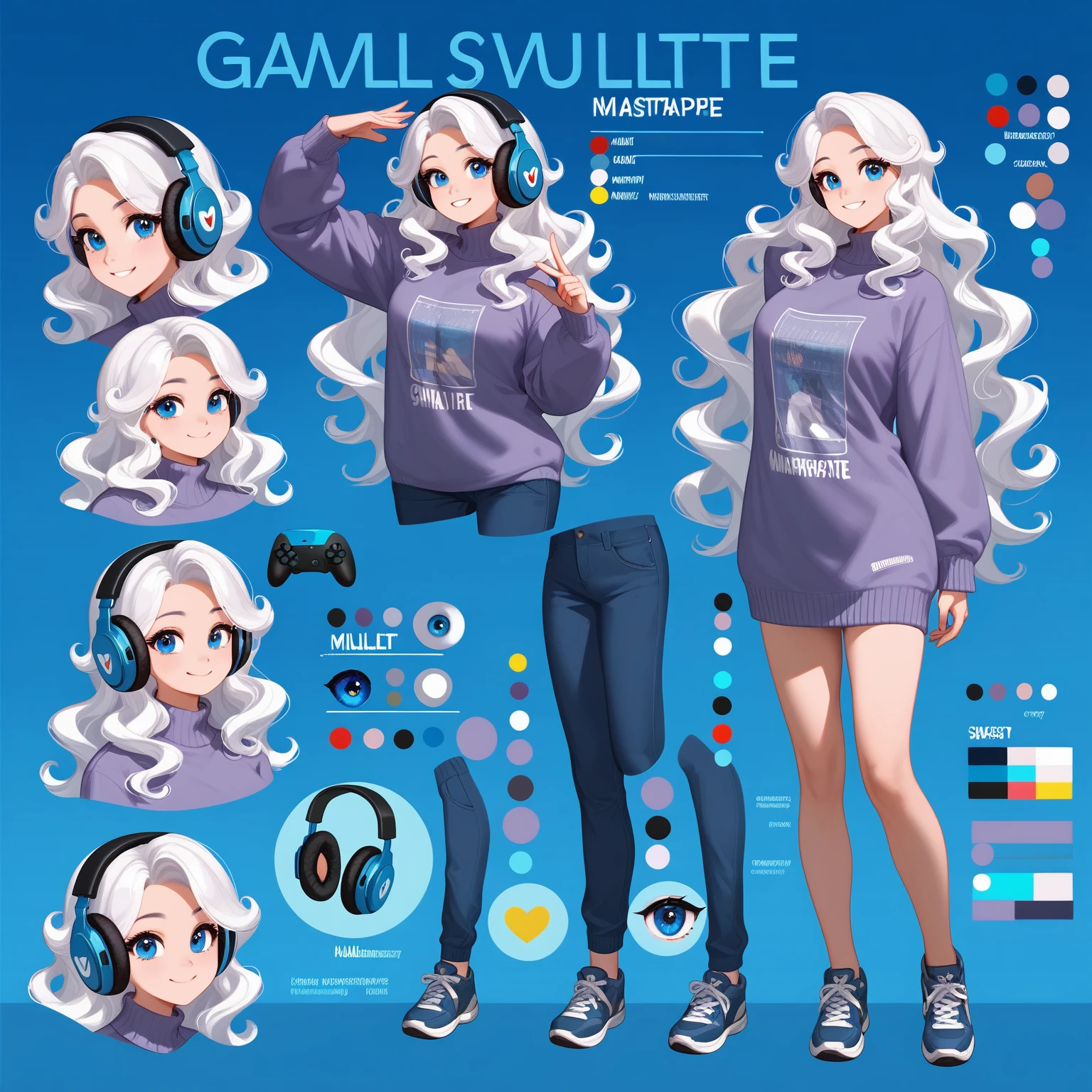 (masterpiece:1.2, 最high quality), 1woman, Cute Face, big eye, round cubby Cute Face, smile, Long legs, whole body, adult mature woman (Long wavy white hair, (Mullet 1.1)), (Very long hair), blue eye, (Blue Eyes,) Gamer, Light Blue Purple Sweater, headphone, Girl Style ((masterpiece)), (((最high quality))), (Character design sheet, same character whole body, front, ~ side, return), figure, hair color, bangs, Hair Fax, eye, Environmental changes, City Pose, woman, Game Design Character Sheets for 2D Games, whole body, Model sheet turnaround, Full Color, Showing two thirds, front::4 view and return view, High resolution, 8k, 4K, high quality