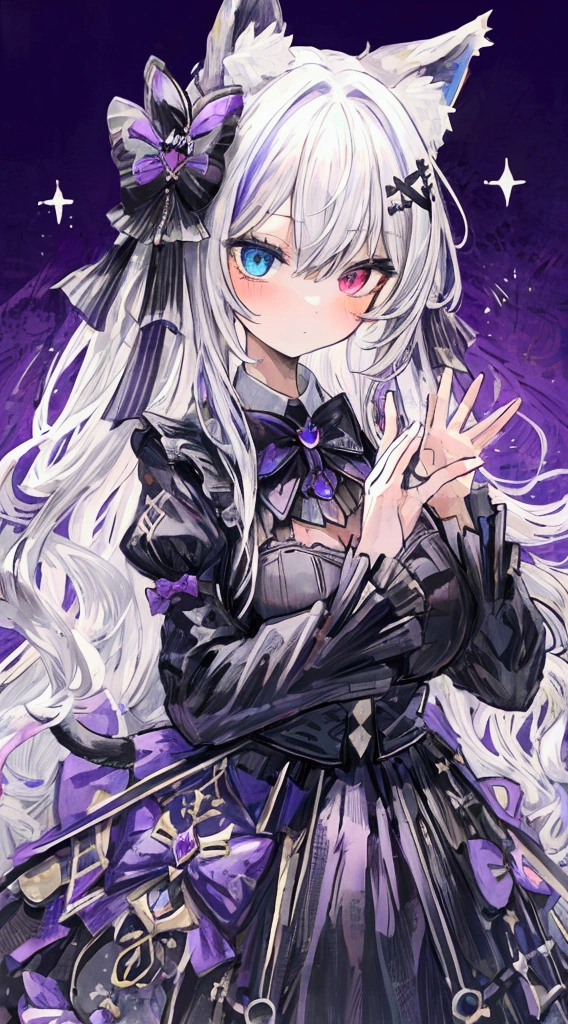 masterpiece, Highest quality, extremely detailed, detailed background, detailed face, One girl, Animal ears, alone, Long Hair, dress, tail, Holding, lanthanum, Cat ear, Long sleeve, black dress, View your viewers, cat tail, Animal earsの毛, Grey Hair, Holding lanthanum, Cat girl, Purple eyes, hair ornaments, Have, Both sides up, Frills, Heterochromia iridis, bangs, blue eyes, Mouth closed, wave hands, Purple Background, Hair between the eyes, bow