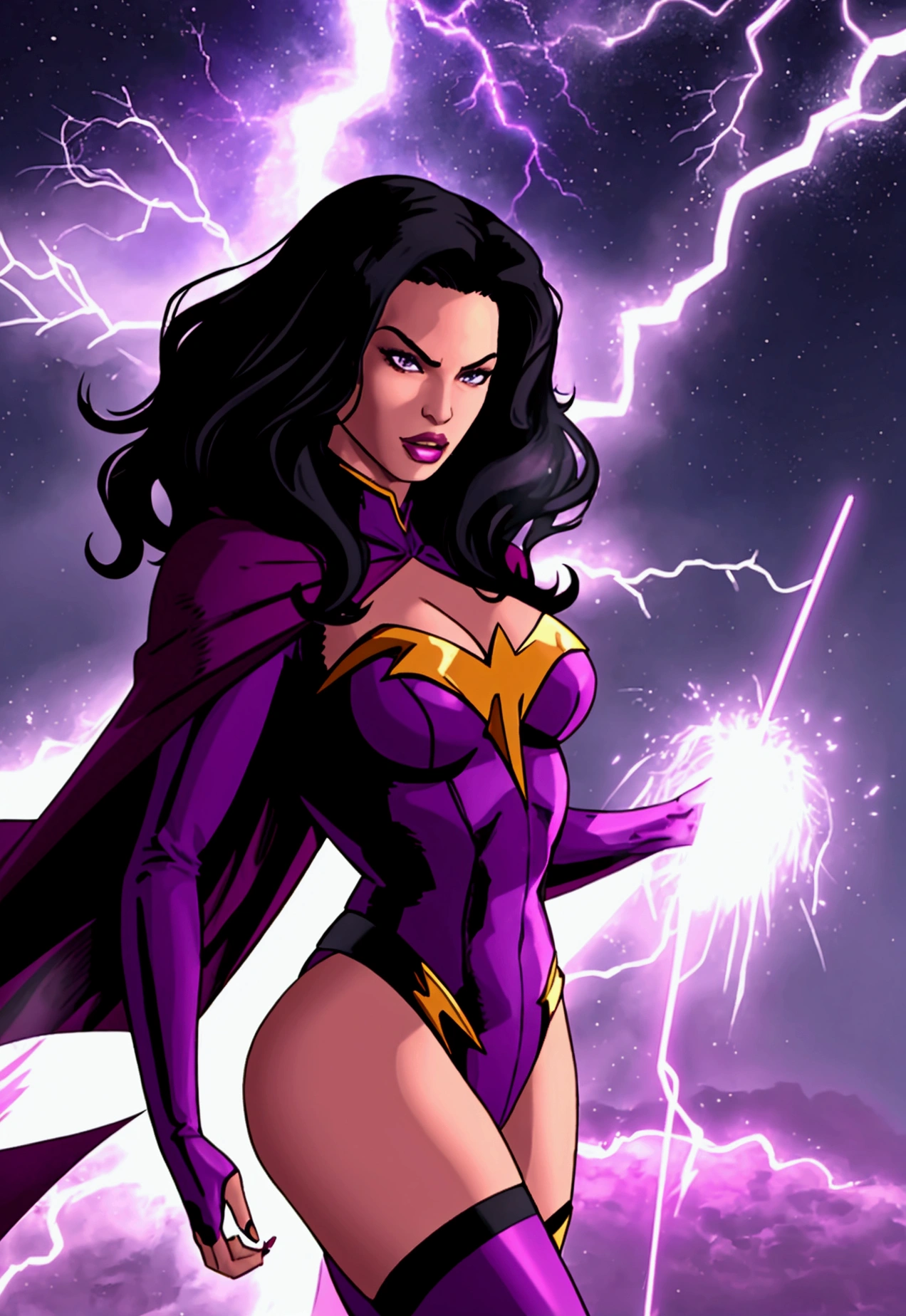 Beyoncé with a purple superhero costume and a cape, long black hair that reaches her buttocks, flyiing in the sky and attracts lightning
