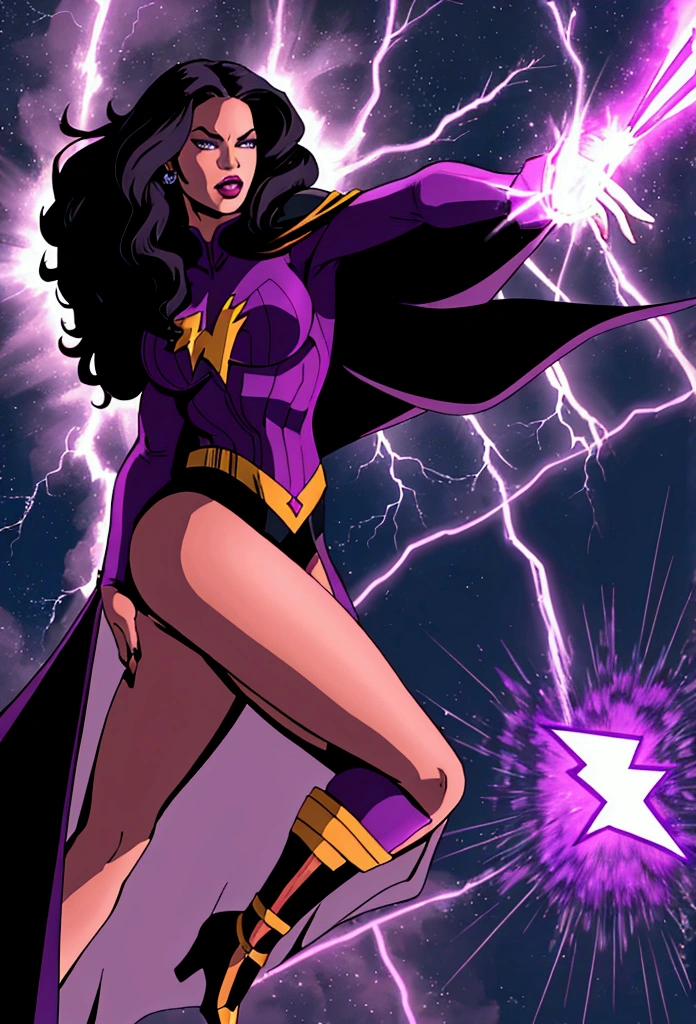 Beyoncé with a purple superhero costume and a cape, long black hair that reaches her buttocks, flyiing in the sky and attracts lightning