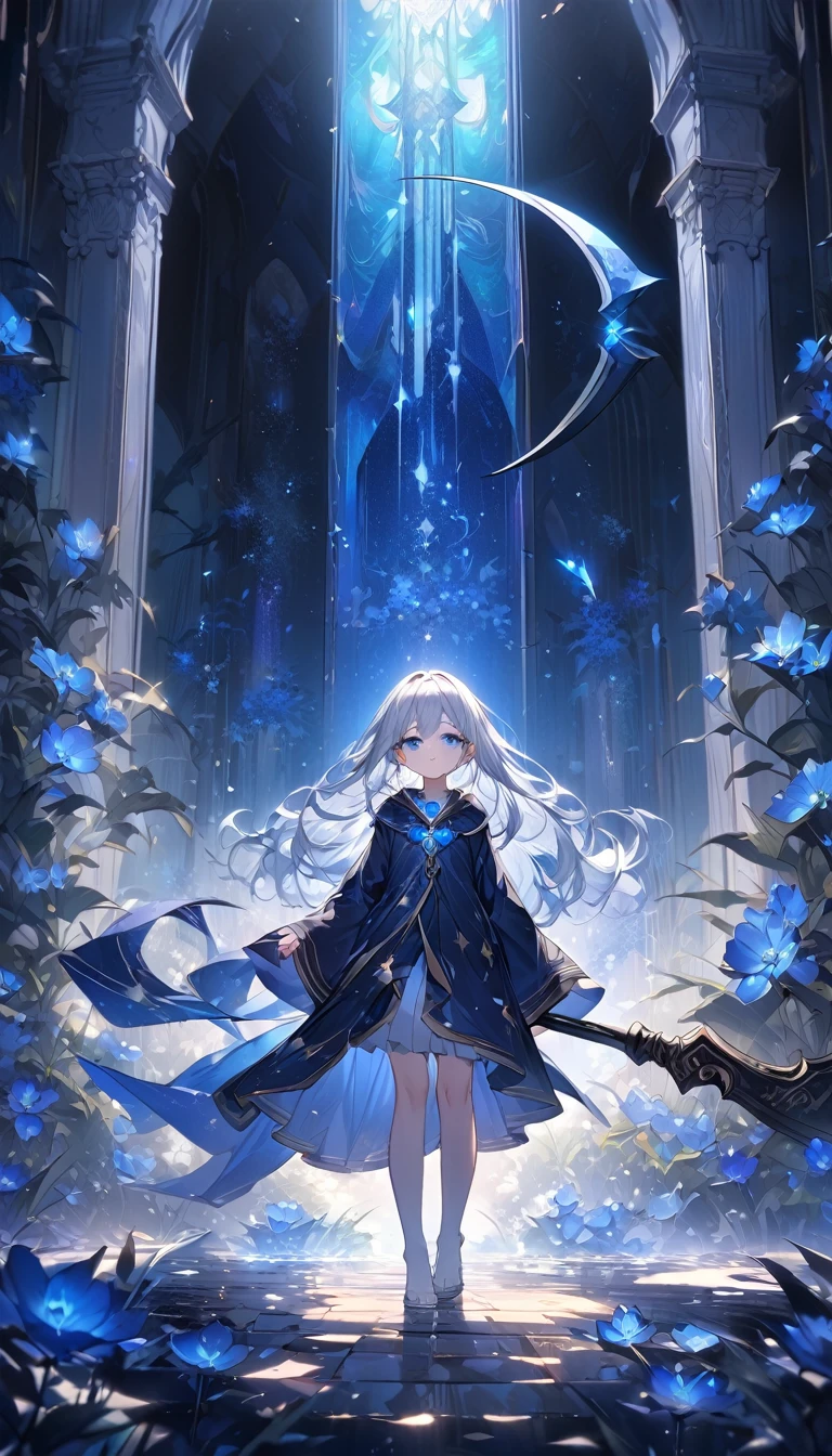 Highest quality,masterpiece,Detailed Details,Super detailed,colorful,The background is dark blue water,Transparency,Use HDR technology to create a sense of depth,beautiful,beautiful自然,Sacred atmosphere,8-year-old girl,Alone,Wearing starry wizard robes,Stand in the center of the screen,The whole body faces this way,Look diagonally forward to the left,holding a scythe,A scythe blade made from a blue gem,A scythe handle made from a black gem.,Narrow and gentle eyes,mysterious,Silver hair decorated with blue flowers,Fantasy atmosphere,beautiful虹色の蝶々is flying in the air