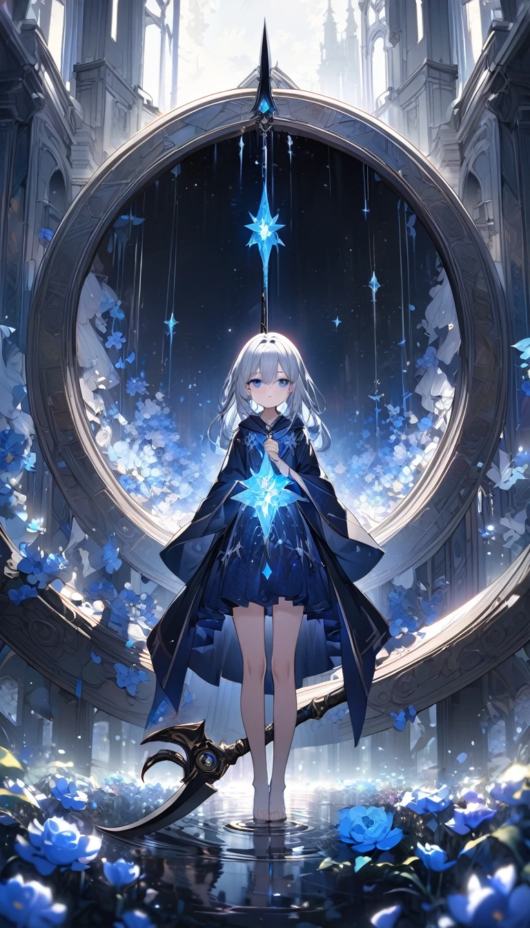 Highest quality,masterpiece,Detailed Details,Super detailed,colorful,The background is dark blue water,Transparency,Use HDR technology to create a sense of depth,beautiful,beautiful自然,Sacred atmosphere,8-year-old girl,Alone,Wearing starry wizard robes,Stand in the center of the screen,The whole body faces this way,Look diagonally forward to the left,holding a scythe,A scythe blade made from a blue gem,A scythe handle made from a black gem.,Narrow and gentle eyes,mysterious,Silver hair decorated with blue flowers,Fantasy atmosphere,beautiful虹色の蝶々is flying in the air
