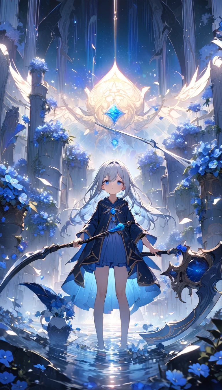 Highest quality,masterpiece,Detailed Details,Super detailed,colorful,The background is dark blue water,Transparency,Use HDR technology to create a sense of depth,beautiful,beautiful自然,Sacred atmosphere,8-year-old girl,Alone,Wearing starry wizard robes,Stand in the center of the screen,The whole body faces this way,Look diagonally forward to the left,holding a scythe,A scythe blade made from a blue gem,A scythe handle made from a black gem.,Narrow and gentle eyes,mysterious,Silver hair decorated with blue flowers,Fantasy atmosphere,beautiful虹色の蝶々is flying in the air
