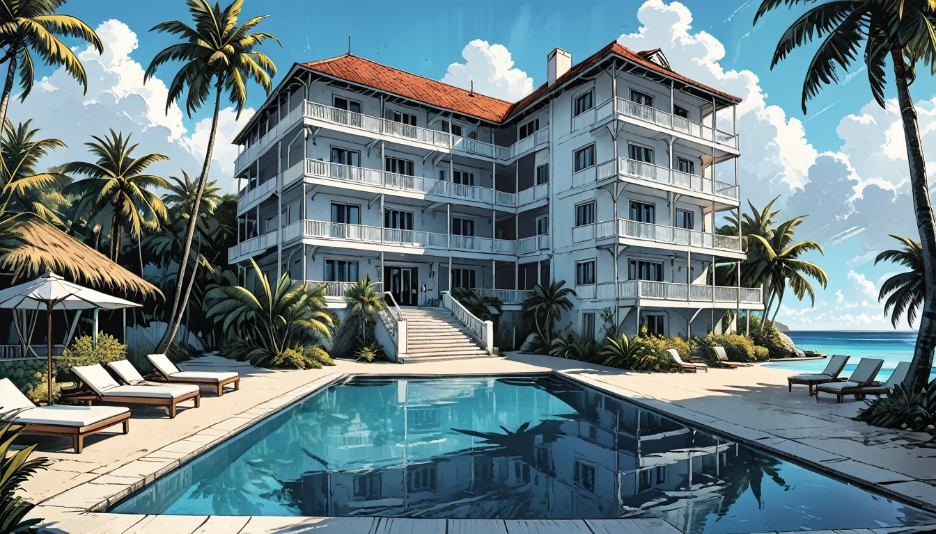 white hotel, on the ocean, tropics, tropical island, swimming pool, palm trees, three floors, graphic style of novel comics, perfect hands, 2d, 8k, hyperrealism, masterpiece, high resolution, best quality, ultra-detailed, super realistic, Hyperrealistic art, high-quality, ultra high res, highest detailed, lot of details, Extremely high-resolution details, incredibly lifelike, colourful, soft cinematic light,