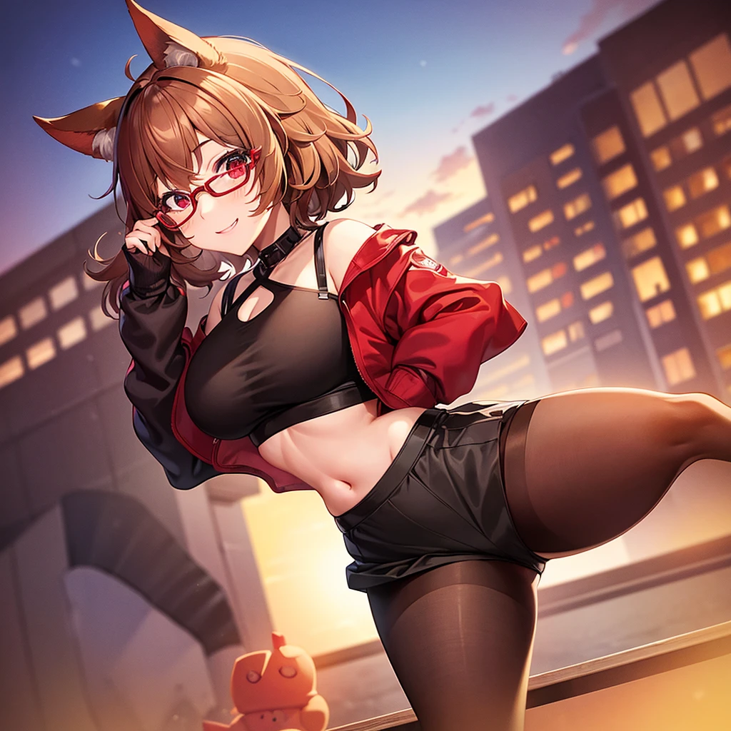 A nerd girl who is kind to other nerds, Girl body type, Light brown short hair with outward curls, Big Breasts, Mischievous Smile, Red Eyes, Animal Ears, Red Glasses, Hide your skin, Hide your shoulders, Winter season, Black inner top, Black and red outer jacket, Black Skirt, Black knee-high socks, Free Pose, Under the sunset sky