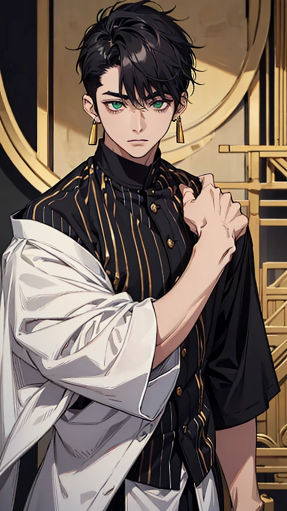 japanese, Man, young man, black hair, dark circles under the eyes, narrow eyes, green eyes, black and white striped shirt, gold earrings, thin body, short bangs, shaved sides, black ring on middle finger of right hand, upper body