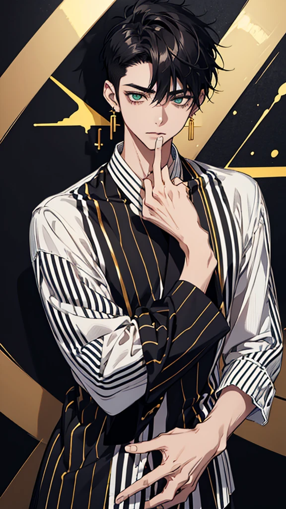 japanese, Man, young man, black hair, dark circles under the eyes, narrow eyes, green eyes, black and white striped shirt, gold earrings, thin body, short bangs, shaved sides, black ring on middle finger of right hand, upper body