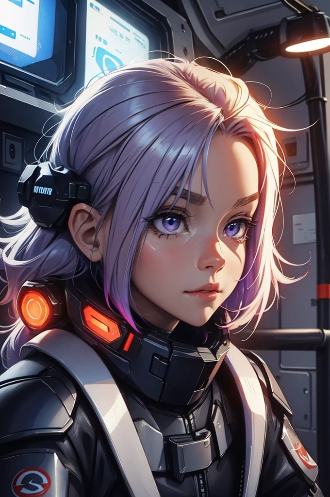 super blue and orange, purple., fiery red, red hair, portrait, light vintage blonde color hair, scientist character, female, super strong, female, blonde and silver clothing, cyberpunk female, short blonde hair, portrait, close-up, in a spaceship hangar, a female in a sci-fi jumpsuit with led lights making shapes, she has short light green hair, purple eyes, silver clothing.