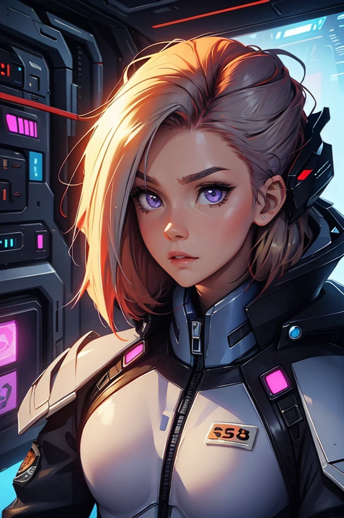 super blue and orange, purple., fiery red, red hair, portrait, light vintage blonde color hair, scientist character, female, super strong, female, blonde and silver clothing, cyberpunk female, short blonde hair, portrait, close-up, in a spaceship hangar, a female in a sci-fi jumpsuit with led lights making shapes, she has short light green hair, purple eyes, silver clothing.