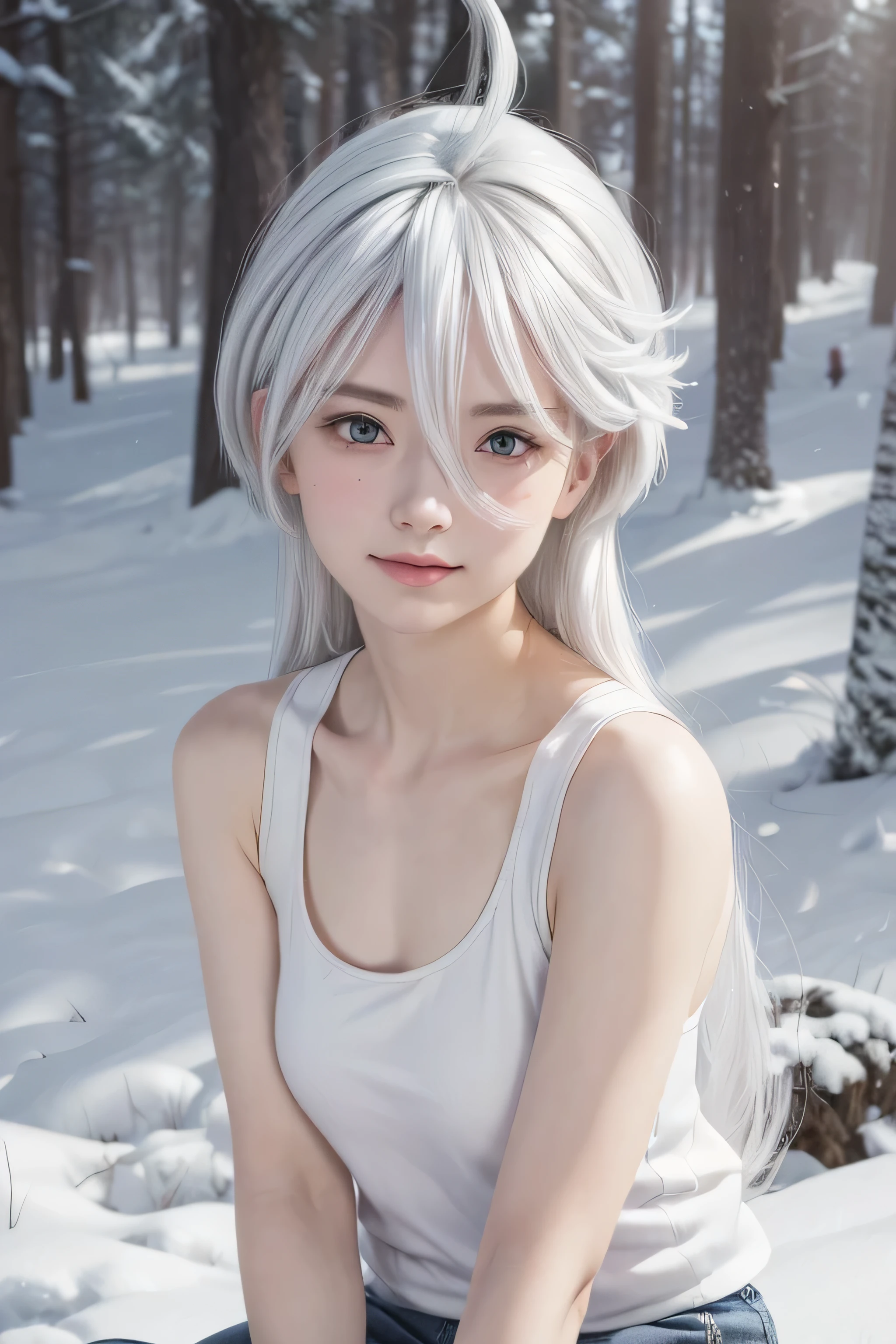 masterpiece, best quality, (realistic,photo-realistic:1.4), (RAW photo:1.2), extremely detailed CG unity 8k wallpaper, delicate and beautiful, amazing,finely detail, official art, absurdres, incredibly absurdres, huge filesize, ultra-detailed,extremely detailed eyes and face,light on face,miorine rembran,(little smile),(white hair:1.4),(long hair:1.4),(wearing white tanktop:1.4),(winter background),(ahoge:1.5),