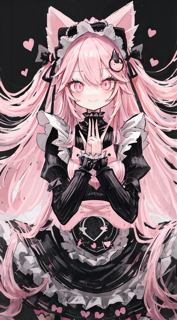 One Girl、((Long pink hair))、Long Hair、Pink Eyes、Sparkling Eyes、Delicate face、Bunny ears、(Black heart hair ornament)、((Double Peace))、A confident smile、((Black Lolita Maid Costume))、Full Body Lesbian、Star pattern background、(Best quality high resolution)、((Top quality masterpiece:1.2)), [[Bad face]], [[Multiple fingers]], [[Non-piece fingers]], [[Tangled arms]], [[Malformed hands]], [[[[Multiple arms]]]]
