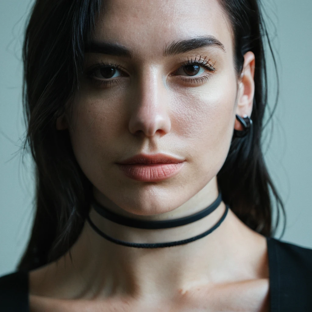 (skin texture, pores, Imperfections), Super high res portrait photo of a woman wearing a thin black ring choker wearing no makeup,f /2.8, Canon, 85mm,cinematographic, high quality, skin texture, looking to the camera, skin imperfections,    