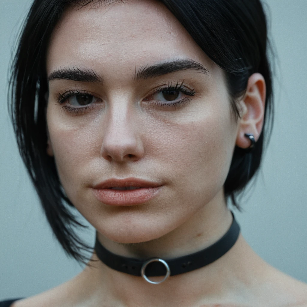 (skin texture, pores, Imperfections), Super high res portrait photo of a woman wearing a thin black ring choker wearing no makeup,f /2.8, Canon, 85mm,cinematographic, high quality, skin texture, looking to the camera, skin imperfections,    