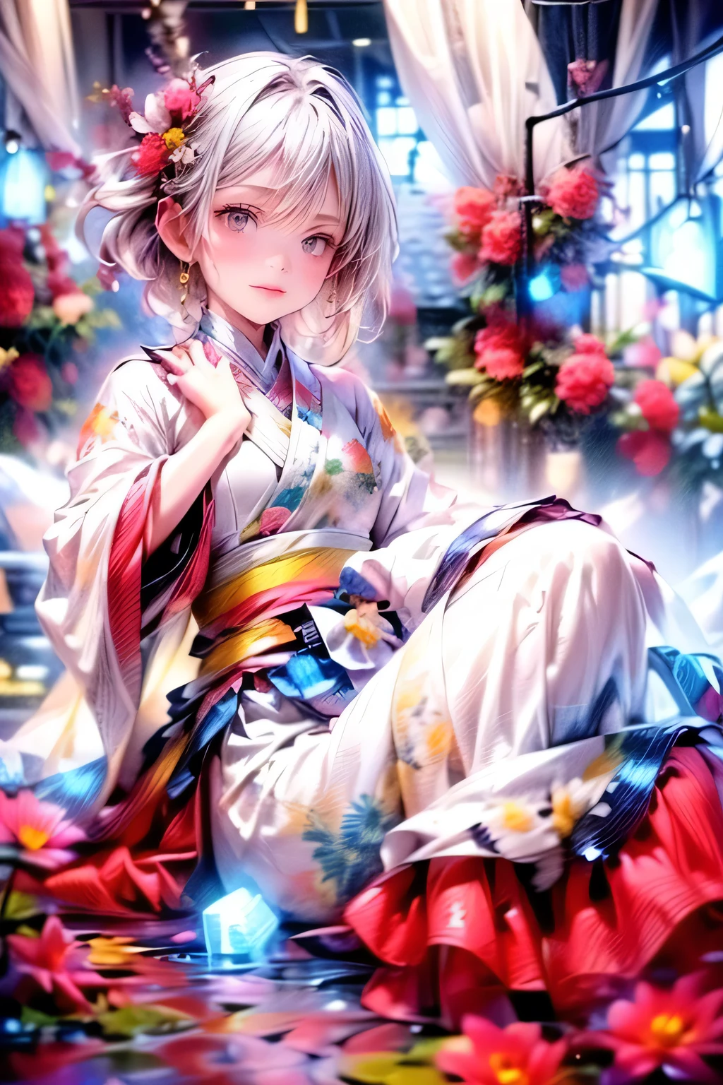 a women dressed in a white haori with skulls hanging about her, next to a small girl dressed in a white outfit with pink hair, 1girl, spider lily, skull, flower, japanese clothes, solo, green eyes, short hair, kimono, hair ornament, (best quality, 4k, 8k, highres, masterpiece:1.2), ultra-detailed, (realistic, photorealistic, photo-realistic:1.37), short white bob, through bangs, beautiful detailed(yellow eyes, lips), cute face, vibrant colors, natural lighting, dynamic pose, intricate details, detailed facial features, long eyelashes, full lips, cinematic, fantasy, adventure, full-body view