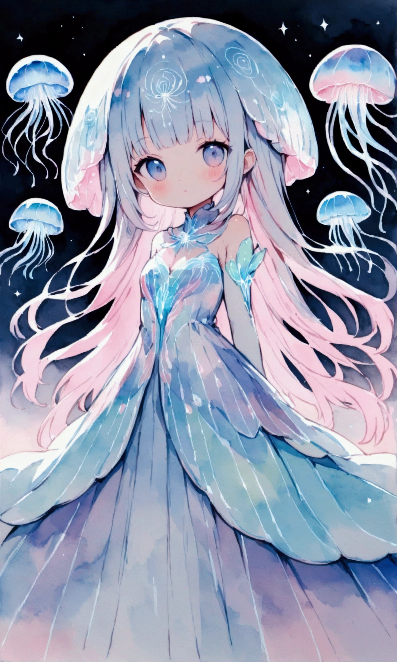 Watercolor,Light blue and pink,Anthropomorphic jellyfish drawn in white,bioluminescent dress