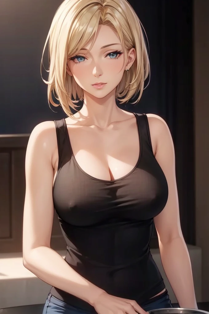 (best quality, highres, photorealistic), portrait, elegant mature woman, blue eyes, short hair, swept-side bang, blonde hair, see through tank top, very big breast, ultra detailed cg 8k, beautiful cg, soft light
