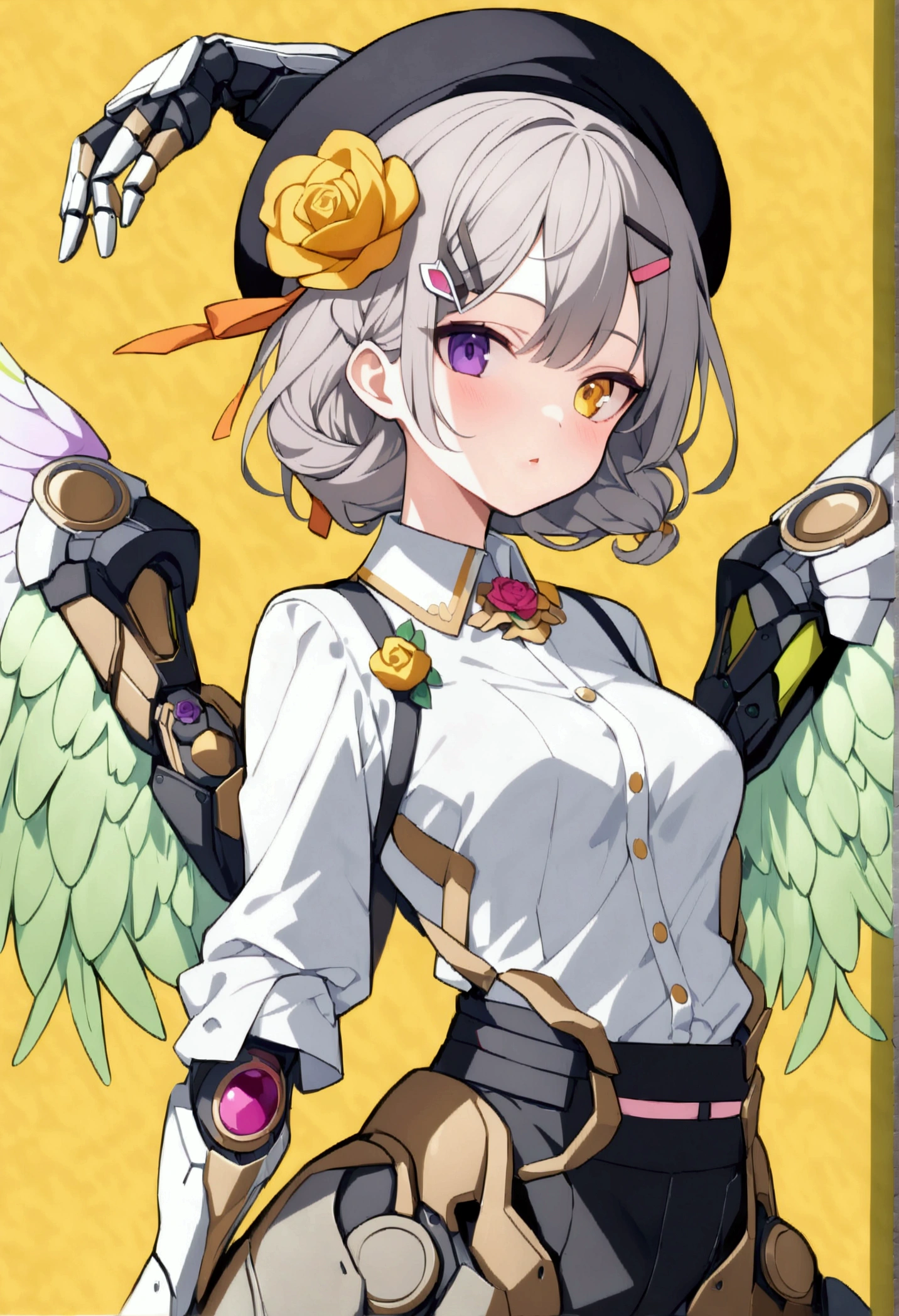 woman 165cm tall, slim build, , charming look, ((heterocromia: look like, derecho naranja y look like izquierdo violeta)), (Shoulder Length Wavy Gray Hair, a short braid on the left side of the hair, big open bangs, golden gear hairpin on the left side of the hair), (((complex mechanical legs up to the hip, The legs are black with gray parts with small pink details))), (((complex mechanical arms up to the elbows, The arms are black with gray parts with small pink details))), ((complex white mechanical angel wings with pastel green parts)), (elegant black French beret with an orange rose ribbon), (stylish white short sleeve button down shirt, dark brown shorts from the waist, elegant black belt, small rose brooch on shirt collar, beautiful mechanical stilettos), (((character design sheet: Front view))), ((Pastel yellow background)), extremely detailed beautiful hair, beautiful detailed clothing, extremely detailed arms, extremely detailed face, (Extremely detailed hands), perfect hands, small face, hermosos look likes detallados, beautiful detailed lips, adorable, extremely detailed legs, (Best Quality, 8k, ultra resolution), ultra detailed, Exquisite and epic character art, (Focus on symmetry), (extremely detailed wings), (body position: standing, symmetrical).