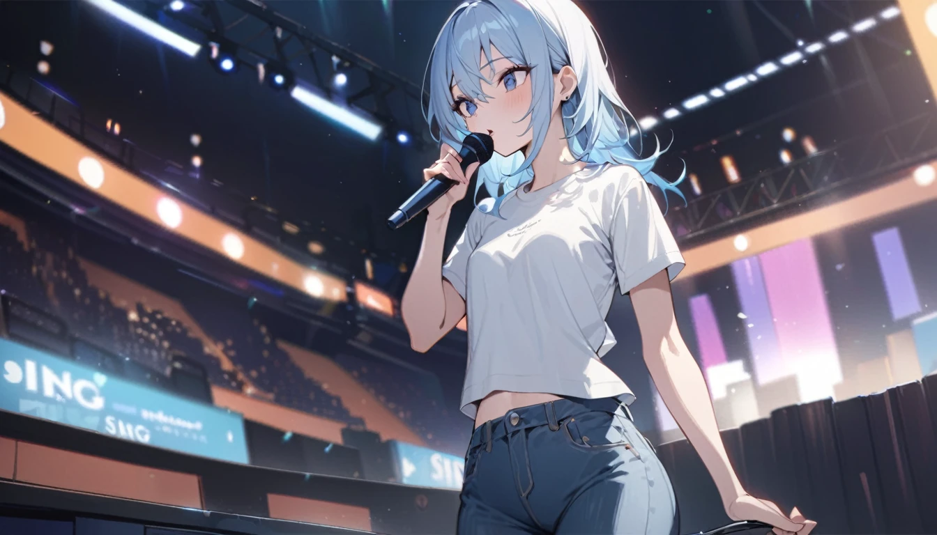 最high quality,high quality,masterpiece,超High resolution,超high quality,Ultra delicate、Small breasts 、Slender body, (sing:1.3),Beautiful proportions, マイクをmouthに当てる, Stage Background、T-Shirts、jeans、Light blue hair,It&#39;s about to start moving,The background is amazing,Rei Ayanami,No exposure,One girl,High resolution,Live feeling,Sharp focus, (One girl: 1.1),A small smile,Ayanami Rei,眼Details、intellectual、　mouth　Details、A small smile、The background is amazing
