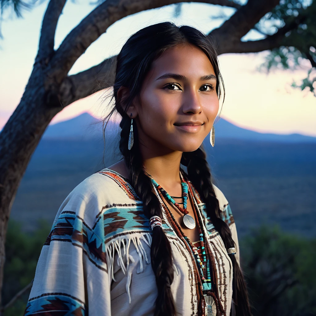 (grainy:0.5), cinematic, beautiful girl 25 year old,native american,fantasy,(solo:1.3), detailed eyes, detailed face, detailed native american clothing , volumetric lighting, dusk, extremely detailed background, standing next to tree and mountain, smiling, half closed eyes, tilted head, from side