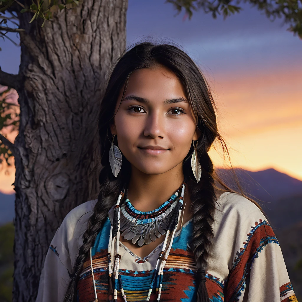 (grainy:0.5), cinematic, beautiful girl 25 year old,native american,fantasy,(solo:1.3), detailed eyes, detailed face, detailed native american clothing , volumetric lighting, dusk, extremely detailed background, standing next to tree and mountain, smiling, half closed eyes, tilted head, from side 
