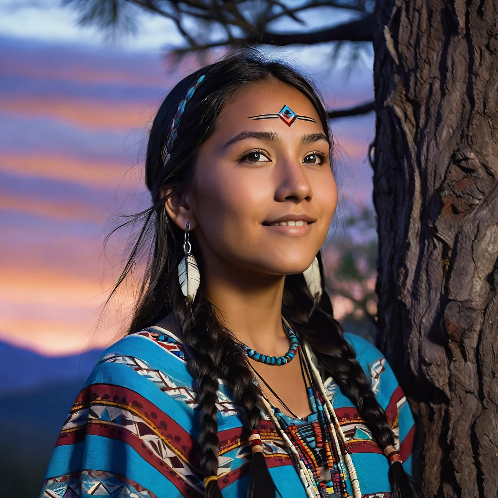 (grainy:0.5), cinematic, beautiful girl 25 year old,native american,fantasy,(solo:1.3), detailed eyes, detailed face, detailed native american clothing , volumetric lighting, dusk, extremely detailed background, standing next to tree and mountain, smiling, half closed eyes, tilted head, from side 