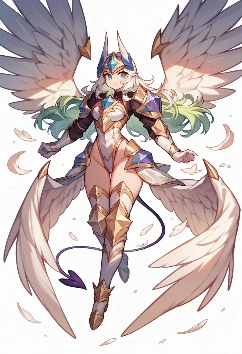 colorin page, Highres, best quality, extremely detailed, several pairs of wings, (((female divine knight armor))) , helmet knight whith spikes, full armor gold, 1 angel girl whith feathered white Wings, demon white wings in the middle of the waist, girl whith 1 mini small dragon tail, one blue eye and one green, HD, 8k, full_body, (((white background))), ((white_accesories)), dynamic pose