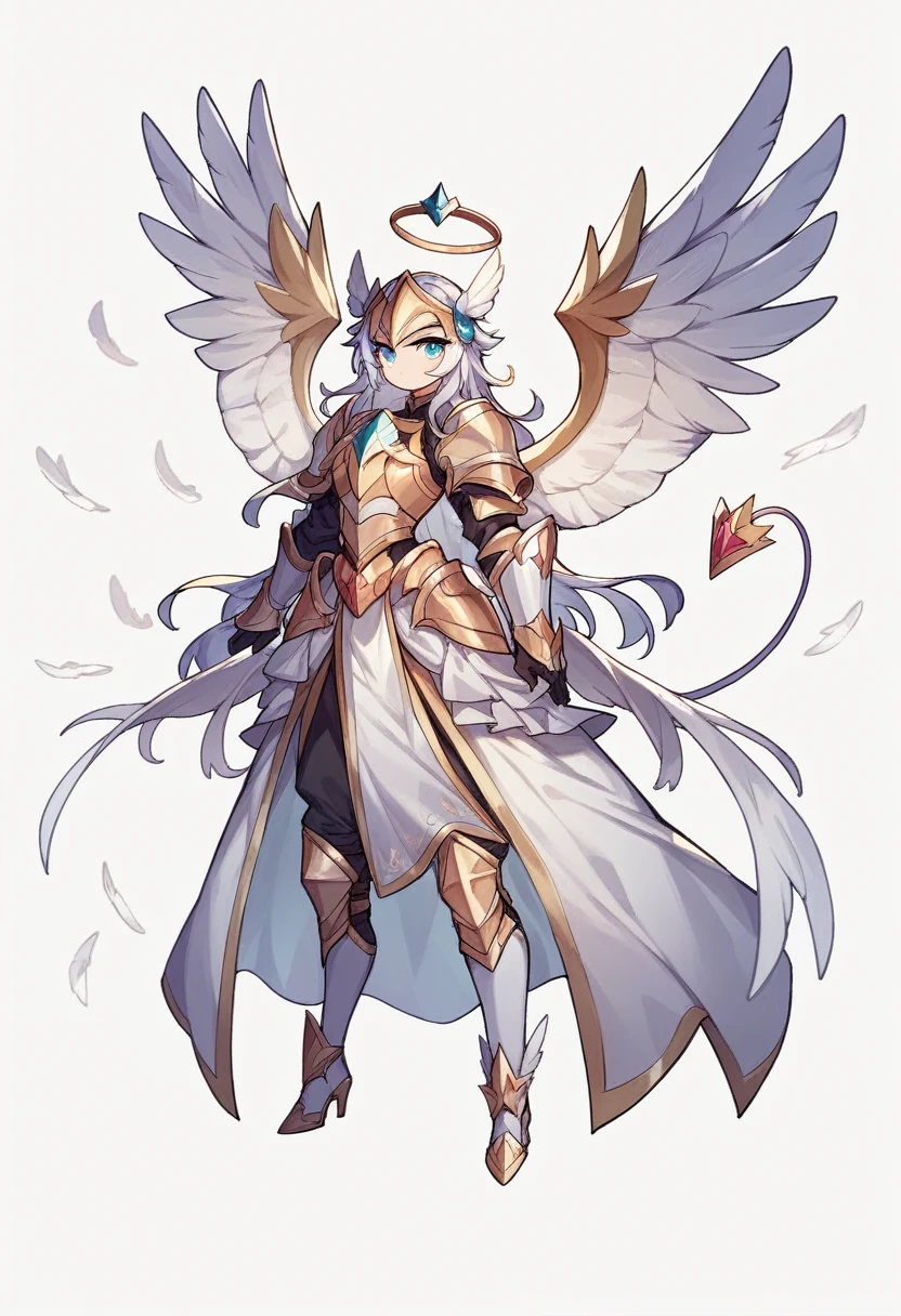 colorin page, Highres, best quality, extremely detailed, several pairs of wings, (((female divine knight armor))) , helmet knight whith spikes, full armor gold, 1 angel girl whith feathered white Wings, demon white wings in the middle of the waist, girl whith 1 mini small dragon tail, one blue eye and one green, HD, 8k, full_body, (((white background))), ((white_accesories)), dynamic pose